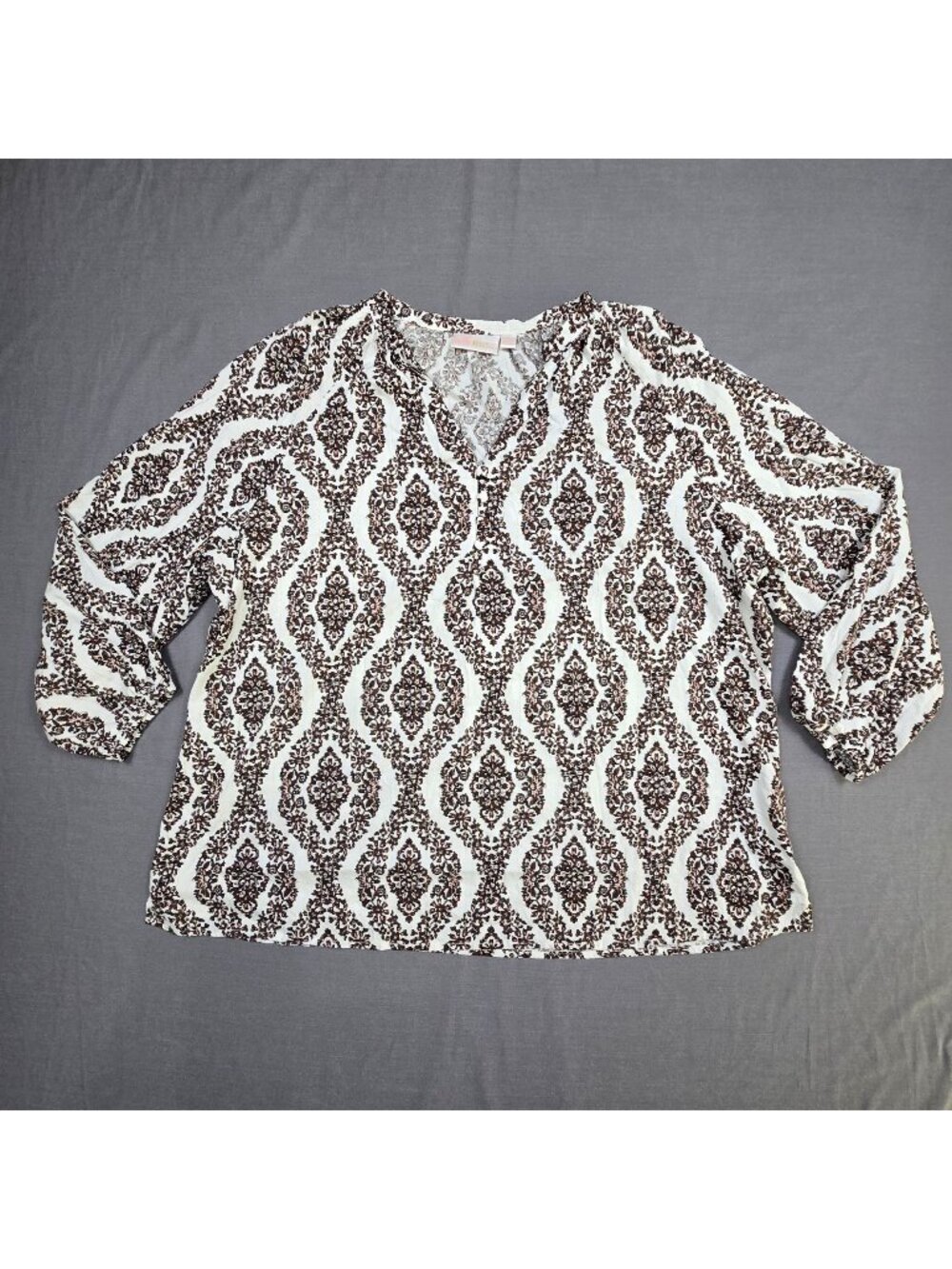 Belle Kim Gravel 2X Blouse Brown/White Lightweight 3/4 Sleeve Peasant Boho Top